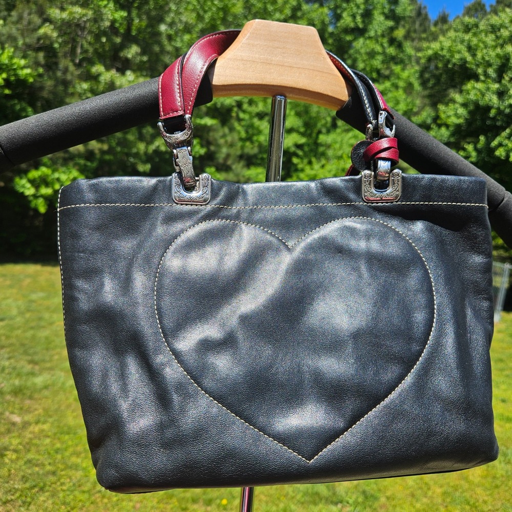Brighton Black Leather Heart Tote Bag Red Contrast Straps Silver Ornate Hardware